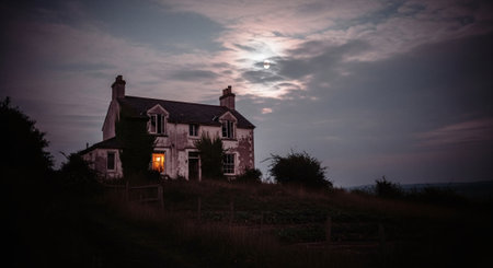 Old house in the countryside at night with a full moon in the skyの素材