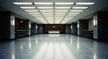 Interior of a modern office building with marble floor and ceiling lightsの素材