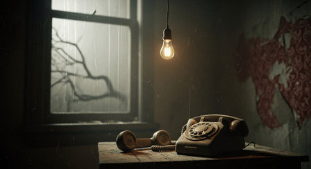 Retro telephone with lightbulb on wooden table in dark roomの素材