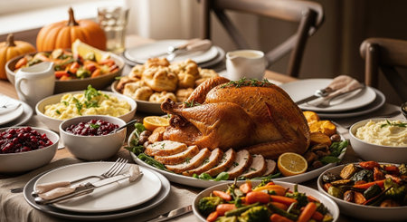 Thanksgiving dinner table with roasted turkey, cranberry sauce and baked potatoesの素材