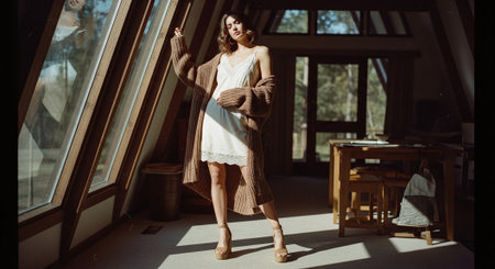 Fashionable young woman in a beige sweater and skirt.の素材