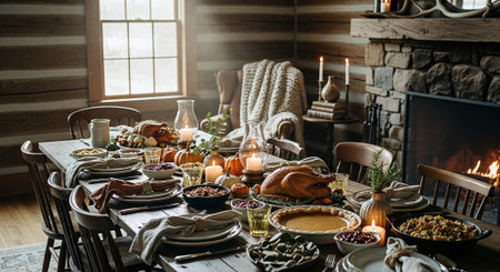 Thanksgiving dinner in rustic style with roasted turkey, pumpkin, candles and autumn decorの素材