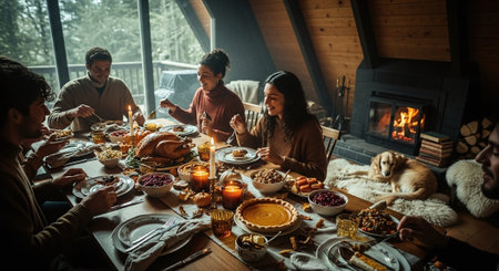 Happy family having christmas dinner together at home. Mother, father, son and daughter enjoying winter holidays together.の素材