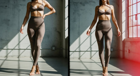 Cropped view of sportswomen in leggings standing near window in gymの素材