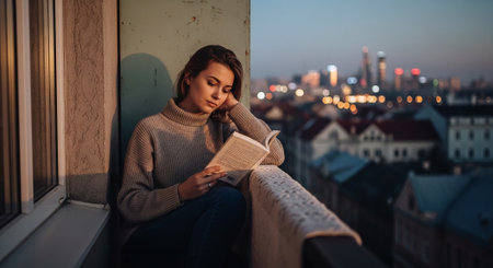Young woman reading book on the balcony in the city at night.の素材