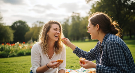 Two happy young women sitting on the grass in the park and eating cakesの素材