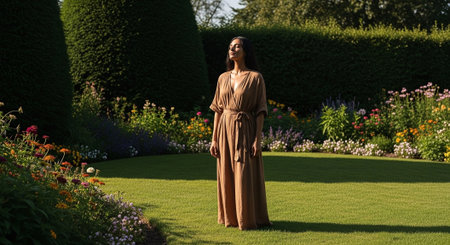 Beautiful African American woman in long brown dress walking in the gardenの素材