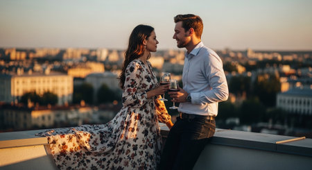 Beautiful couple in love drinking red wine on the roof of the houseの素材