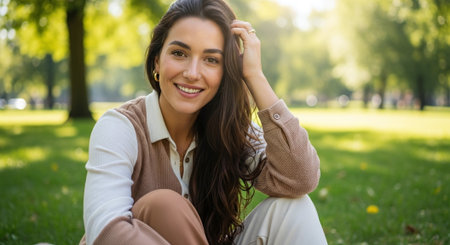 Portrait of beautiful young woman sitting on grass in park and smilingの素材