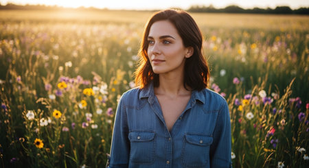 Young beautiful woman in a field of flowers at sunset. Portraitの素材