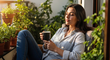 Beautiful young woman enjoying a cup of coffee while sitting on the terrace at homeの素材