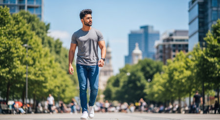 Young handsome Indian man with short hair wearing grey t-shirt and jeans walking in the cityの素材
