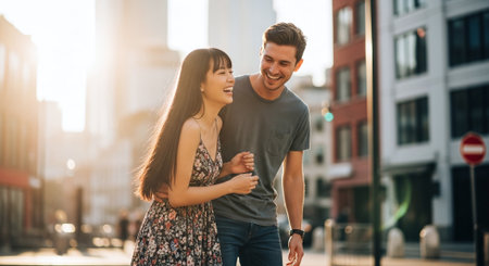 Beautiful young couple walking in the city on a sunny day.の素材