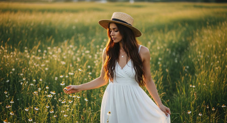 Beautiful young woman in white dress and straw hat standing in chamomile field.の素材