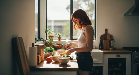 Young red-haired woman cooking salad in the kitchen at home.の素材