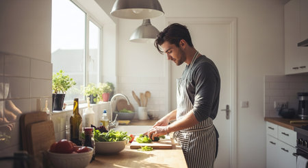Man preparing salad in the kitchen at home. Young man in apron.の素材