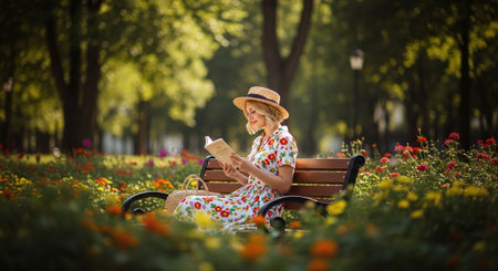 Beautiful woman sitting on a bench in a park reading a bookの素材