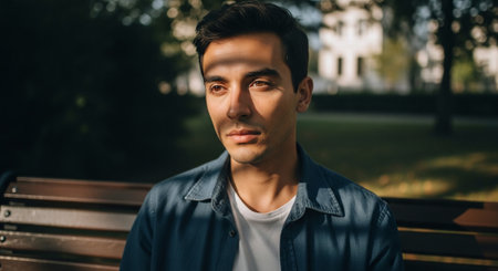 Portrait of a handsome young man sitting on a bench in the parkの素材