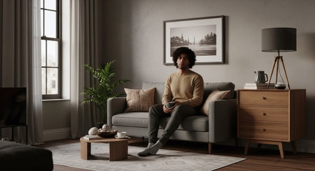 Young man sitting on a sofa in the living room and drinking coffeeの素材