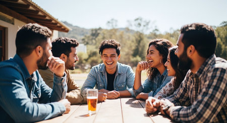 Group of friends sitting at wooden table and drinking beer. Cheerful young men and women having fun together.の素材