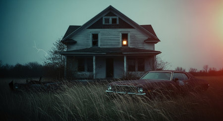 Abandoned old house in the countryside. Vintage car in the foreground.の素材