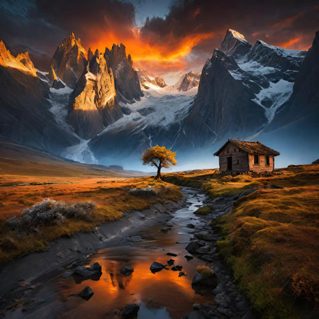 Fantasy landscape with a lonely tree in the middle of a mountain stream.の素材