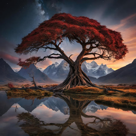 Fantasy landscape with a tree and a reflection in a lake.の素材