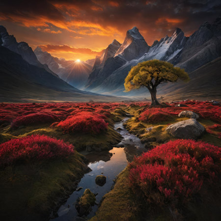 Fantasy landscape with a lonely tree in the middle of a streamの素材