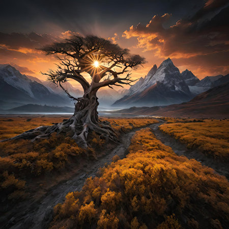 Fantasy landscape with a tree in the foreground and mountains in the backgroundの素材