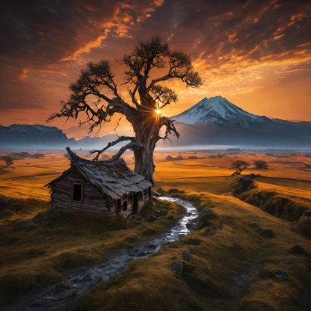 Fantasy landscape with old house and old tree. 3D renderingの素材
