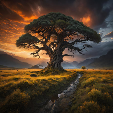 Dramatic sunset over a mountain landscape with a tree in the foregroundの素材