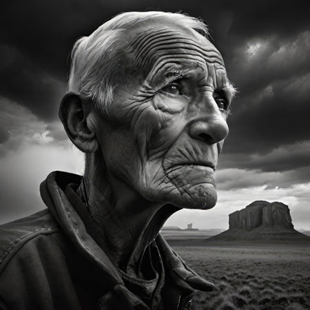 Old man in a desert landscape. Image in black and white.の素材