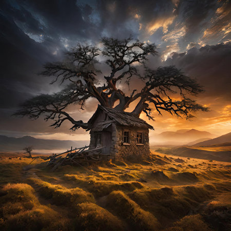 Old abandoned house in the mountains at sunset. 3D illustration.の素材