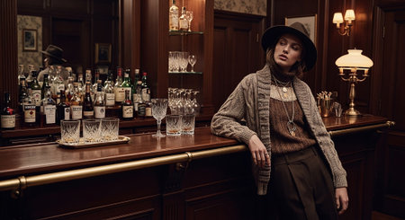 Portrait of a beautiful young woman in a hat and coat standing at the bar counter.の素材