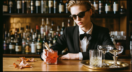 Handsome young man in black suit and sunglasses sitting at bar counter and holding glasses of cocktailの素材