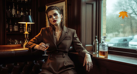 Fashionable woman sitting on a leather sofa with a glass of whiskeyの素材