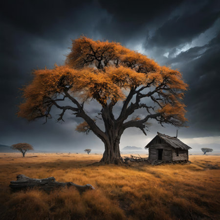 Autumn landscape with old tree and old wooden house, 3d renderの素材