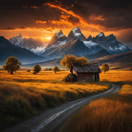 Mountain landscape with a wooden house in the meadow at sunsetの素材