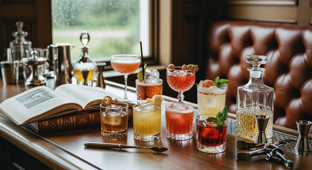 Variety of alcoholic cocktails on bar counter. Alcoholic drinks conceptの素材