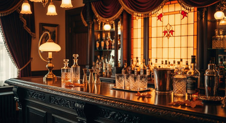 Bar counter in a luxury pub. Luxury pub interior with bar counter, barman's chairs, tables and equipment.の素材