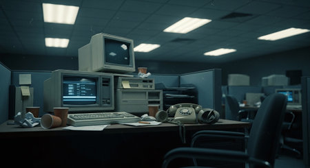 3D rendering of an old computer room in an abandoned office buildingの素材