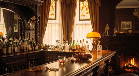 Vintage bar counter with glasses of whiskey, cognac, wineの素材