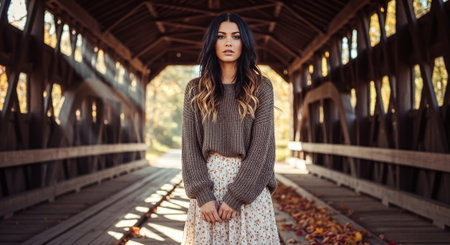 Portrait of a beautiful young brunette woman on the wooden bridge.の素材