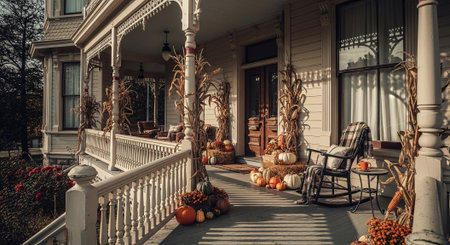 Scenic view of Halloween decorations on the porch of an old houseの素材