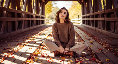 Portrait of a beautiful young woman sitting on the bridge in autumnの素材