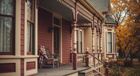 Beautiful wooden house with a bench in an autumn park. Toned.の素材