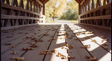 Autumn leaves on a wooden bridge in the park. Selective focus.の素材