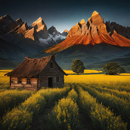 Wooden house in the field of yellow flowers. 3d renderの素材