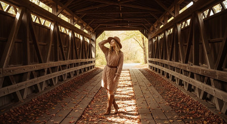 Beautiful young woman in a hat and dress on a covered bridge over the riverの素材