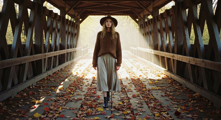 Fashionable woman in a brown sweater and hat on a wooden bridge over the riverの素材